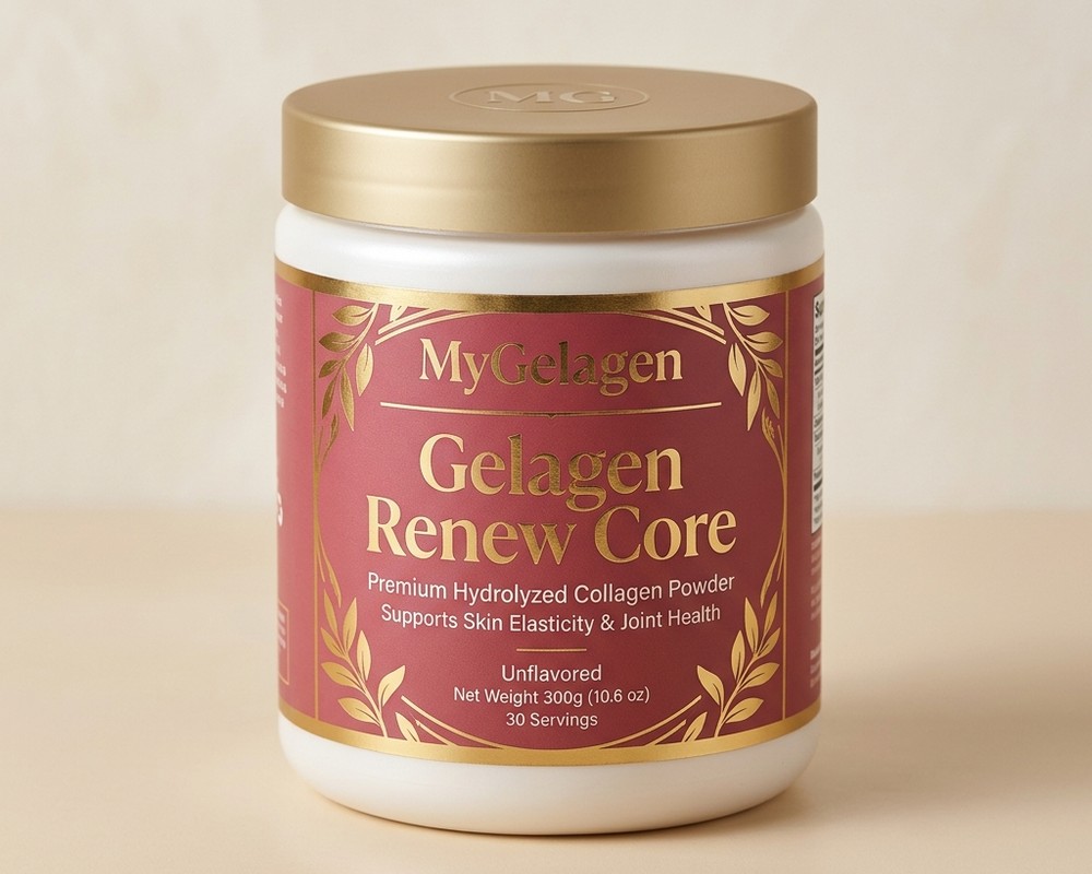 Gelagen Renew Core collagen supplement bottle on a light vanity surface